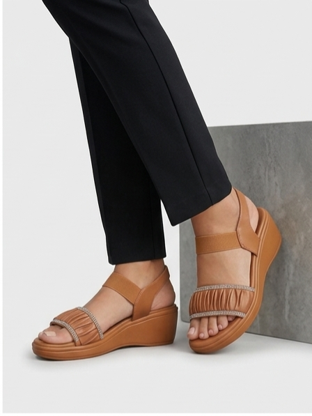 Amber Glow Ruched Wedge Sandals