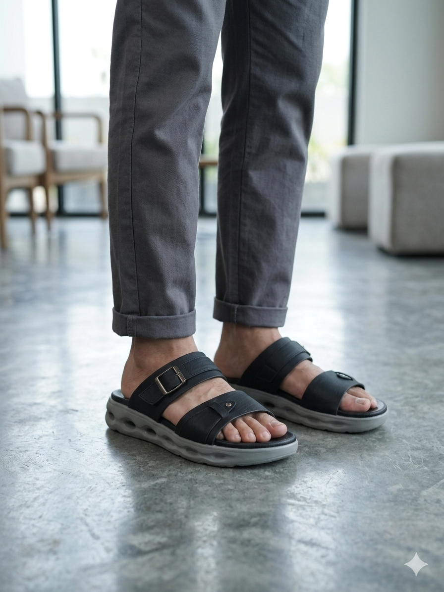 Men’s Ultra-Comfort Dual-Strap Platform Slide in Shadow Black