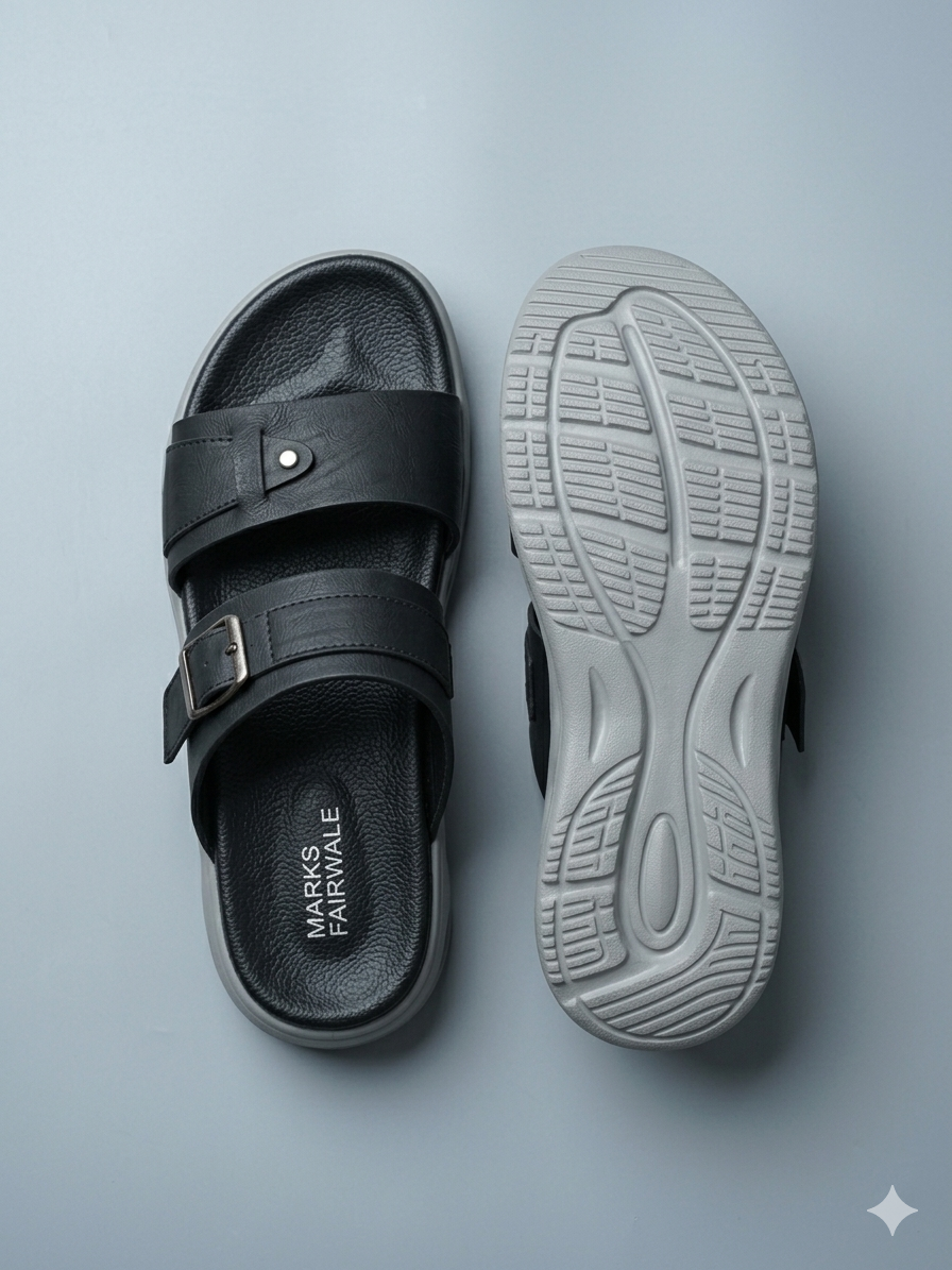 Men’s Ultra-Comfort Dual-Strap Platform Slide in Shadow Black