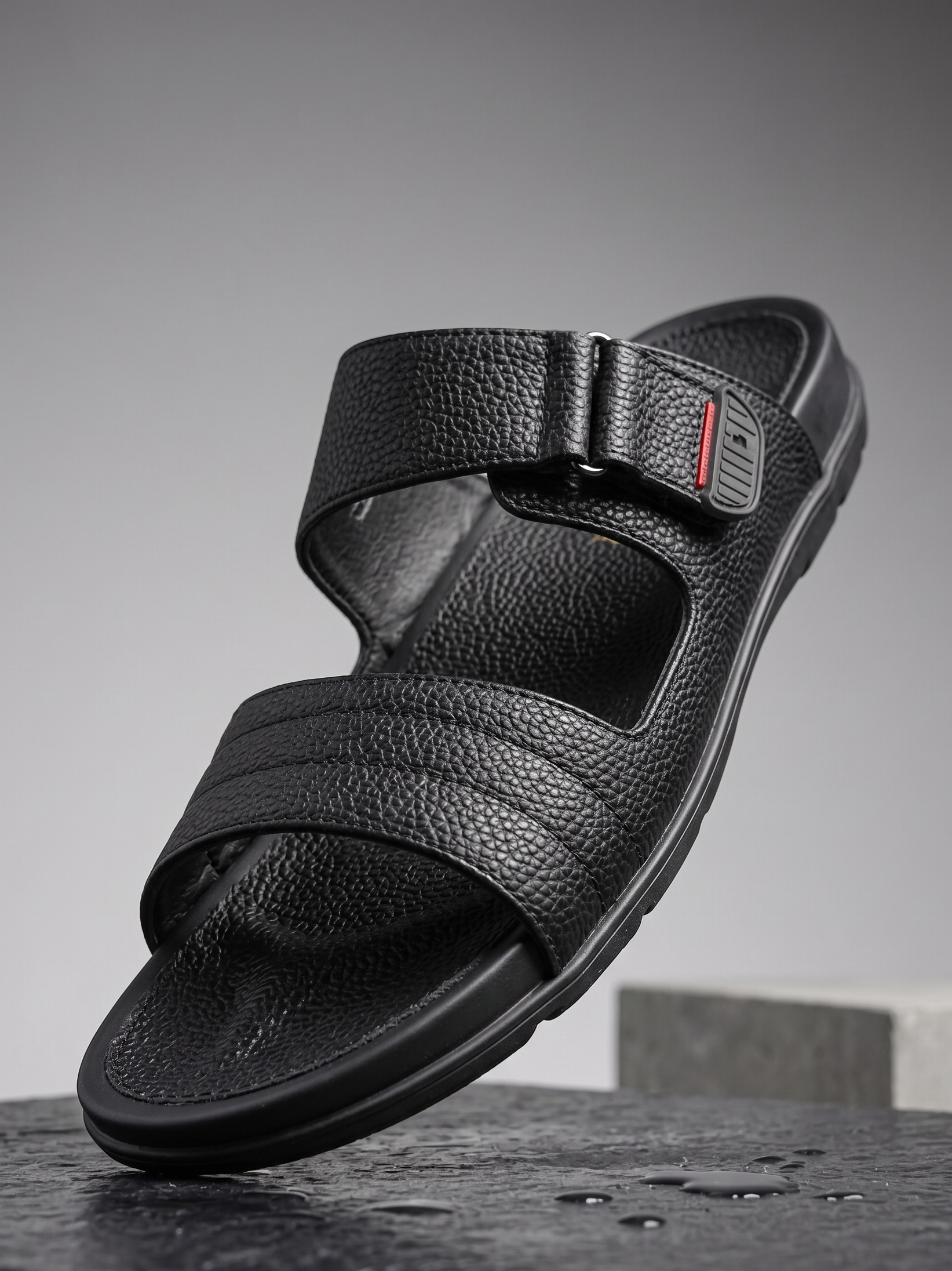 Men's Pebbled Leather Comfort Slides in Onyx Black
