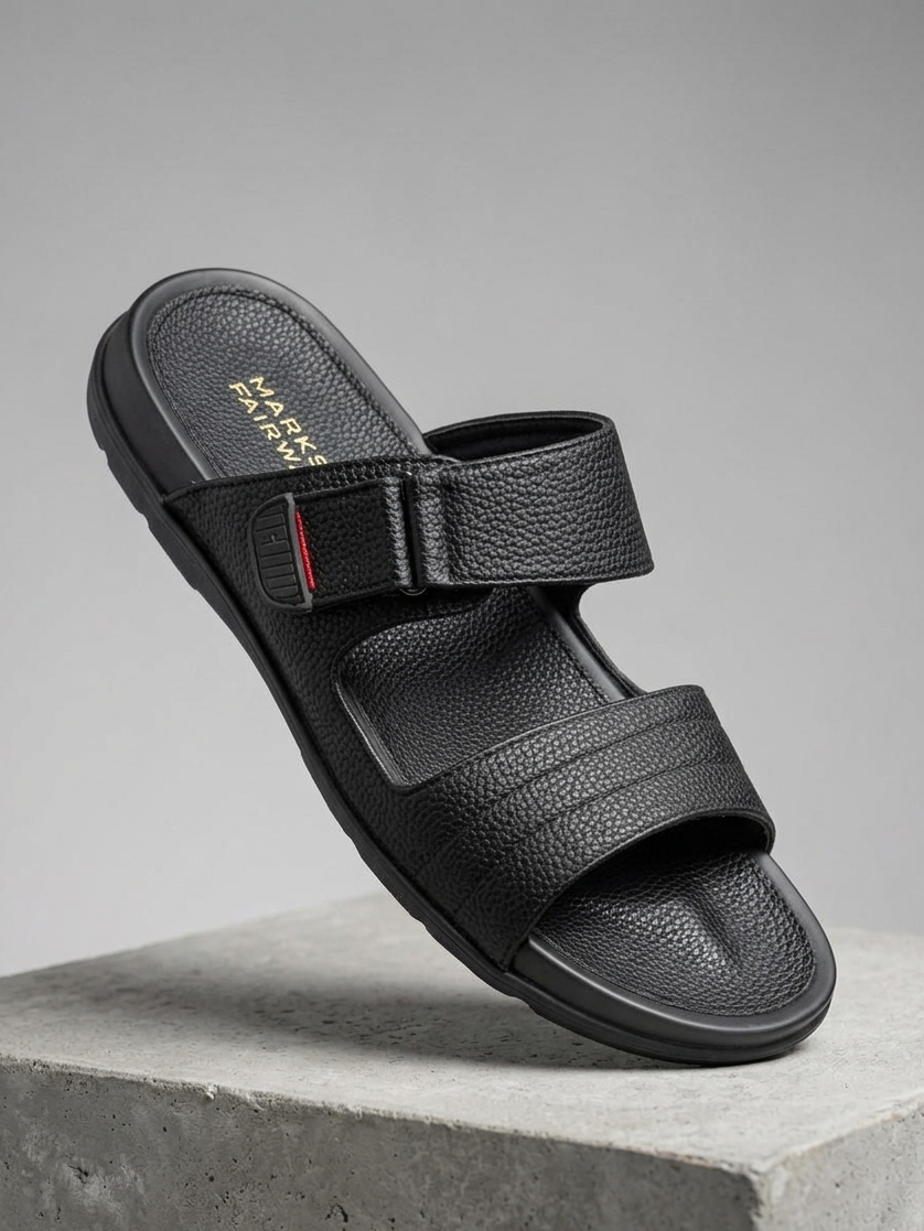 Men's Pebbled Leather Comfort Slides in Onyx Black