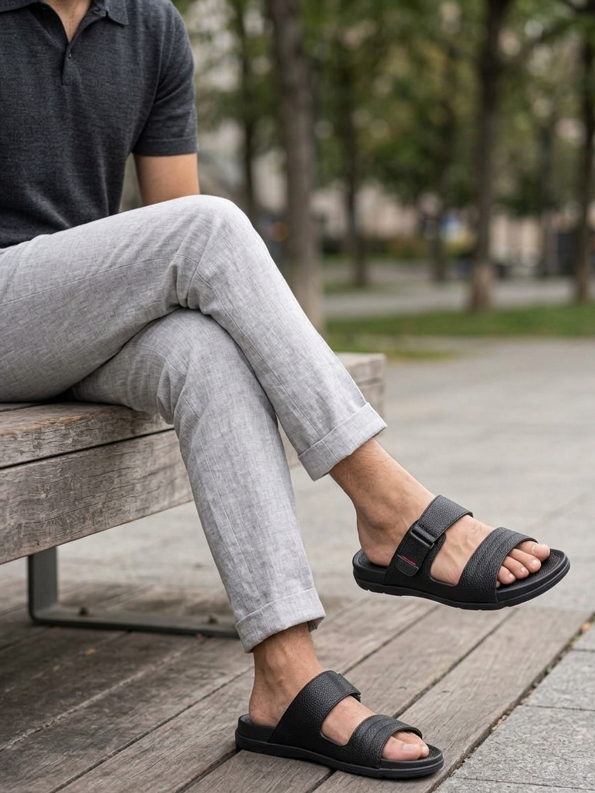 Men's Pebbled Leather Comfort Slides in Onyx Black