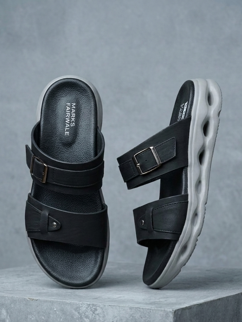 Men’s Ultra-Comfort Dual-Strap Platform Slide in Shadow Black