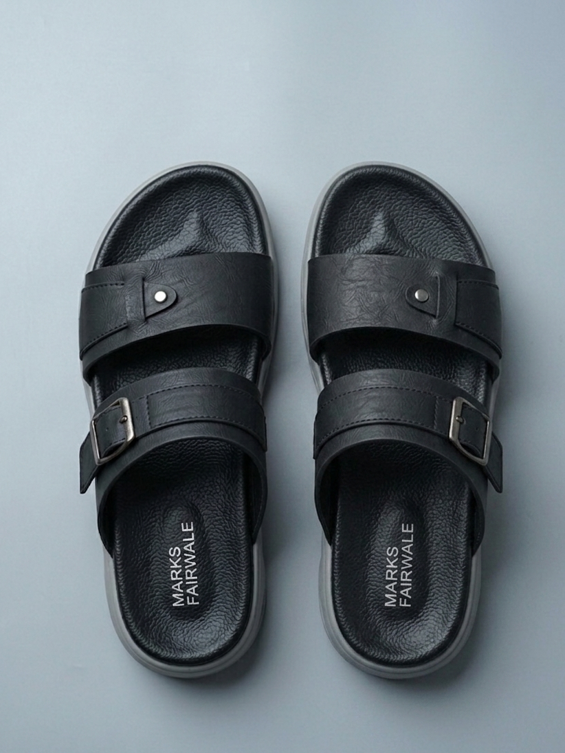 Men’s Ultra-Comfort Dual-Strap Platform Slide in Shadow Black